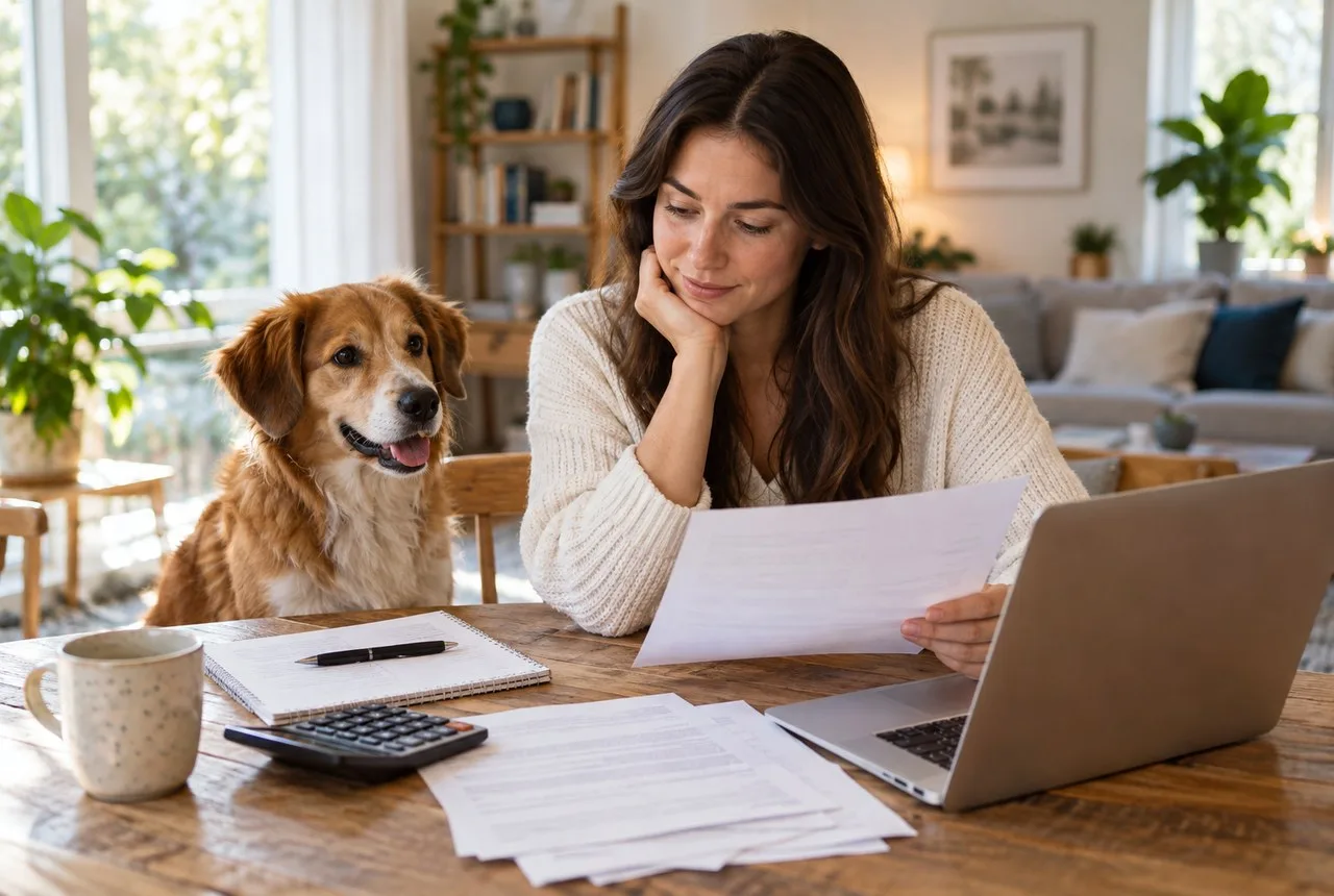 Owner comparing papers at a table with a golden-colored dog nearby